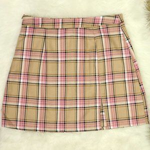 Pink & Tan Plaid Front Slit Mini Skirt